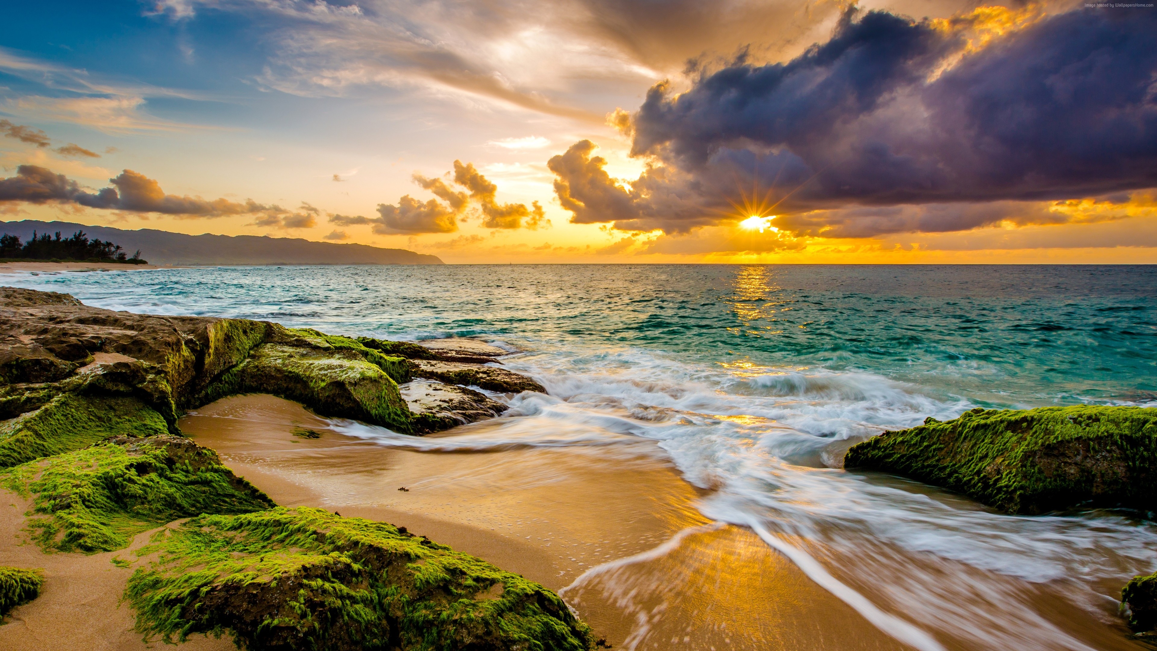 Wallpaper Hawaii, sunset, beach, ocean, coast, sky, 4k, Travel